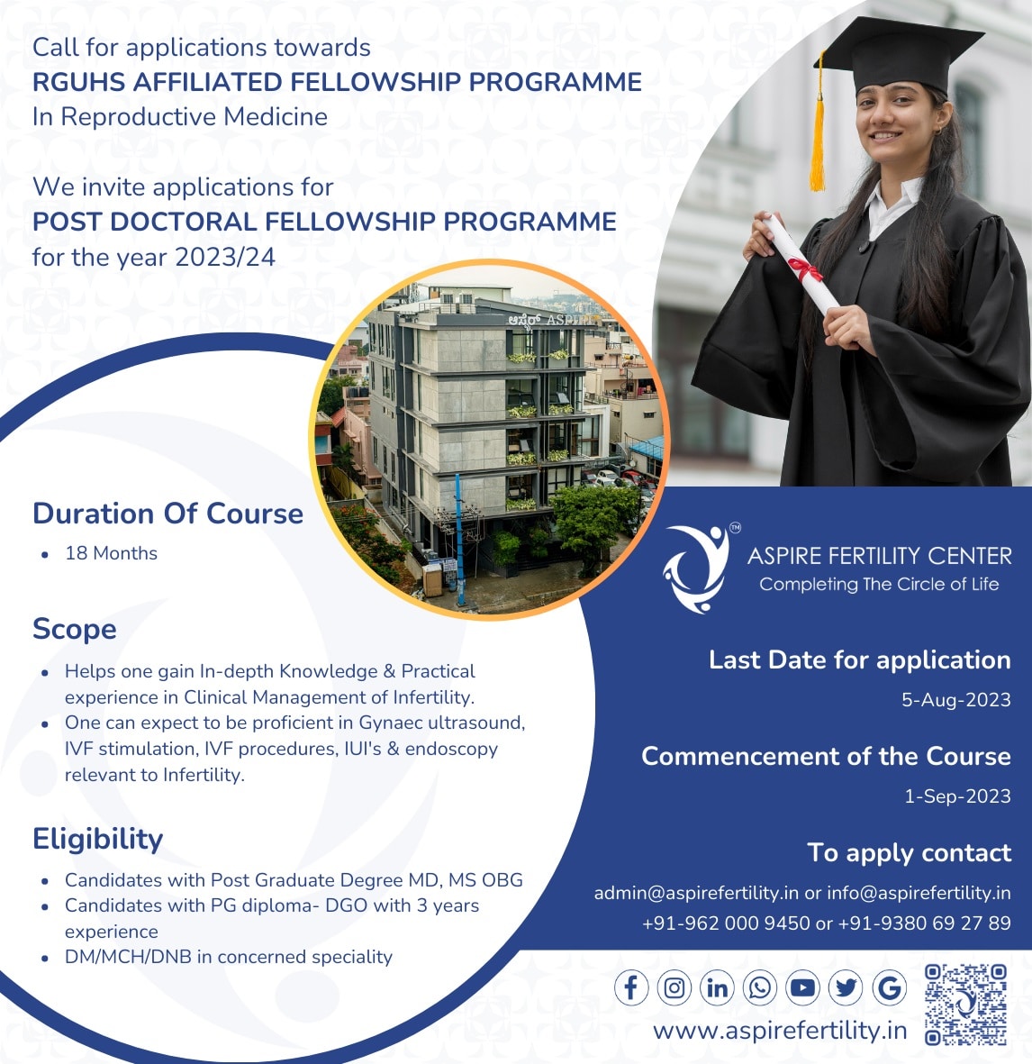 RGUHS AFFILIATED FELLOWSHIP PROGRAMME In Reproductive Medicine We invite applications for POST DOCTORAL FELLOWSHIP PROGRAMME for the year 2023/24 Aspire Fertility Center HSR Layout Bangalore