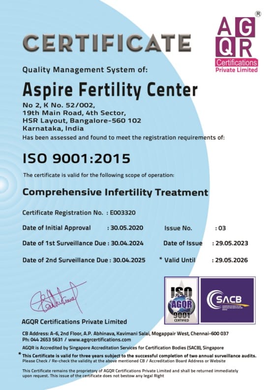 AFC ISO 9000 - 2015 Certificate Accreditation Aspire Fertility Center 2023